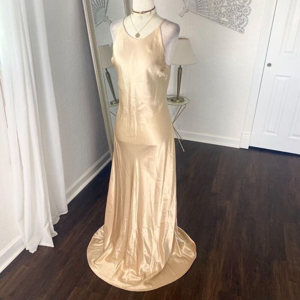 Hampton Nites Early 2000's Gold Champagne Satin Mermaid Prom Formal Dress 12 / L - Picture 2 of 6